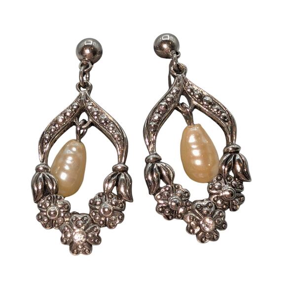 VTG Signed Avon 'Romantic Renaissance' Faux Pearl & Marcasite Floral Earrings - Picture 3 of 3